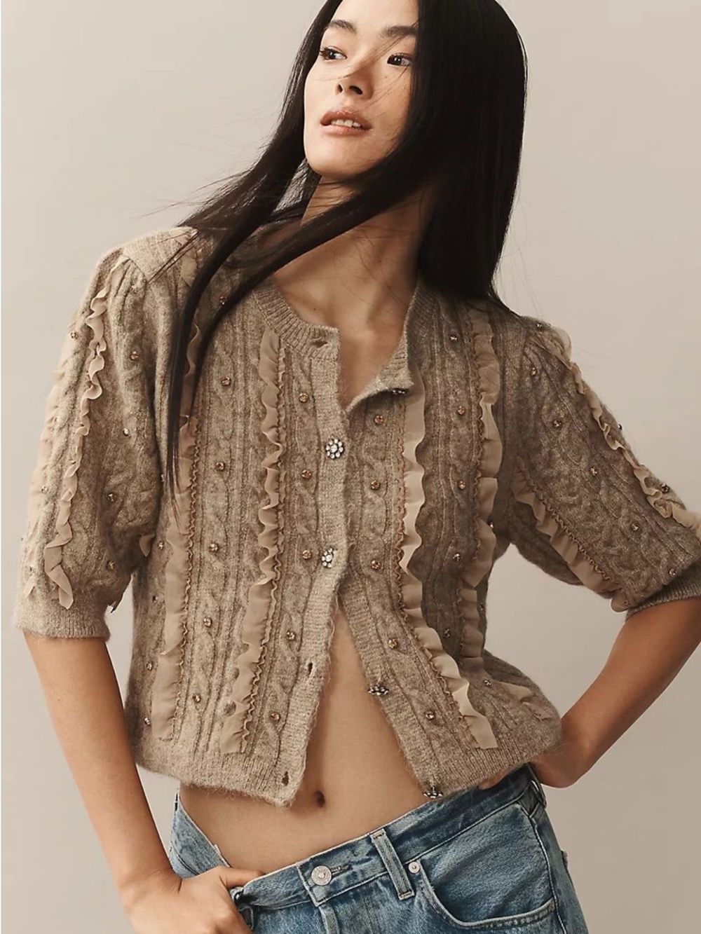 NWT Anthropologie Maeve Short-Sleeve Embellished Ruffled Knit Cardigan Size XS